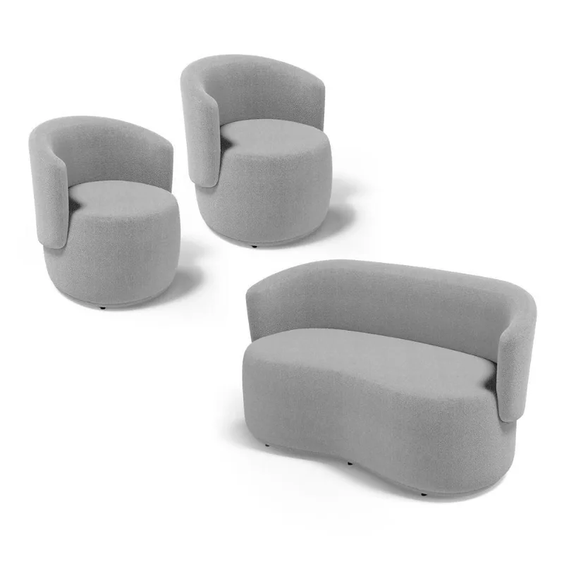 Kit 2 Poltronas E 1 Namoradeira Aisha Orgânica Bouclê Cinza Claro - Desk Design