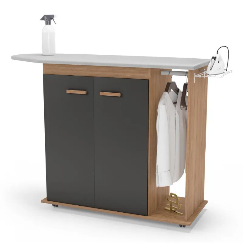 Tábua De Passar Roupa Top 02 Portas Com Suporte Para Ferro E Cabideiro Freijó Grafite - Desk Design
