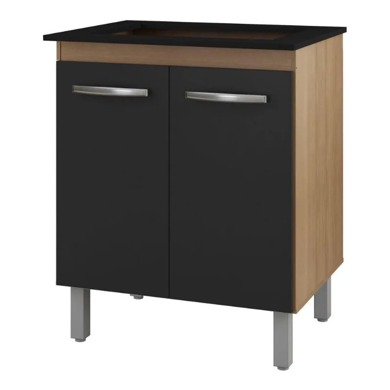 Balcão Para Cooktop Jady 70cm 02 Portas Com Tampo Recortado Savana Preto - Abmaza