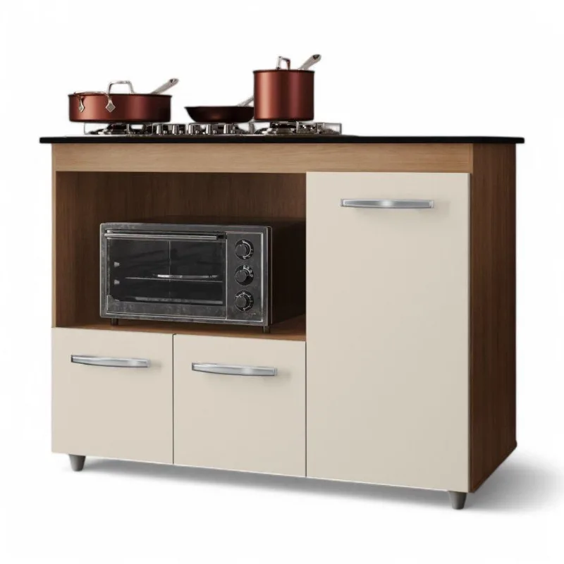 Balcão Para Cooktop Anna 114cm 03 Portas Com Tampo Recortado Savana Off White - Abmaza