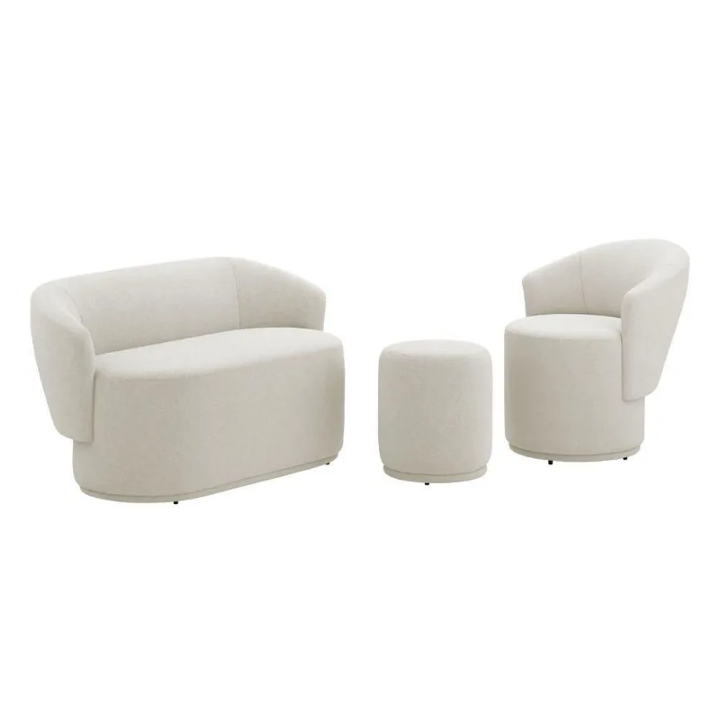 Poltrona Com Namoradeira E Puff Orgânico Mavi Bouclê Creme - Desk Design