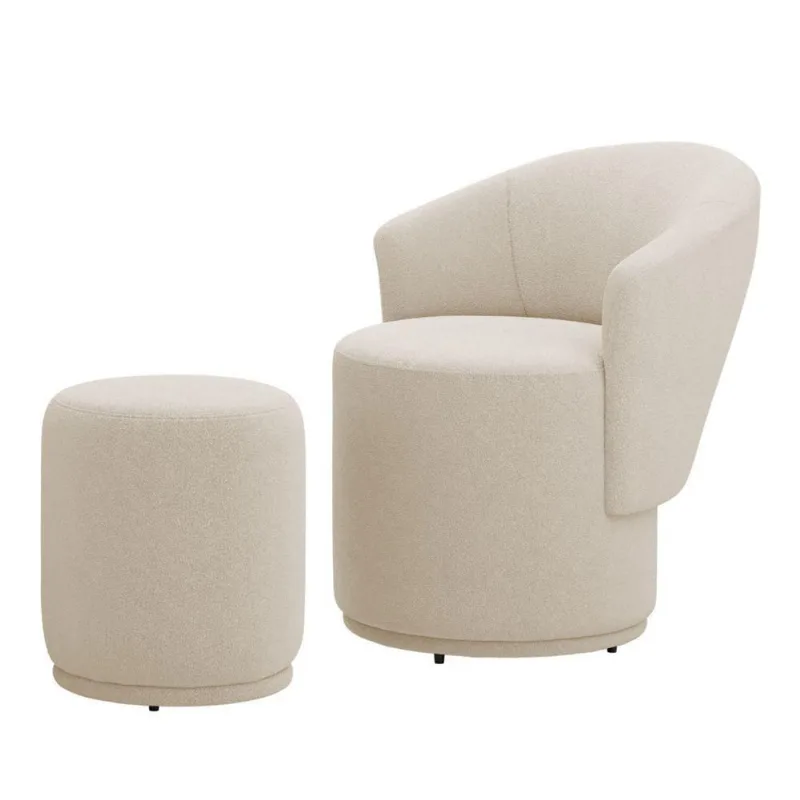 Poltrona Com Puff Orgânico Living Mavi Bouclê Bege - Desk Design