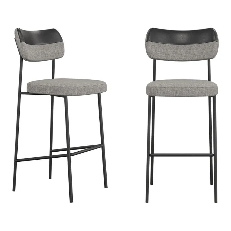 Kit 02 Banquetas Altas Cozinha Lila Com Encosto Couríssimo Preto Linho Cinza - Desk Design