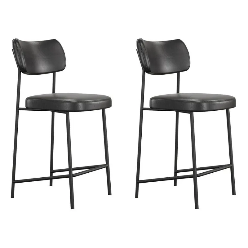 Kit 02 Banquetas Médias Para Cozinha Lila Estofada Com Encosto Couríssimo Preto - Abmaza