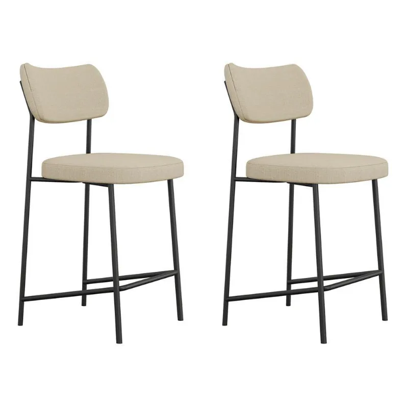 Kit 02 Banquetas Médias Para Cozinha Lila Estofada Com Encosto Linho Bege - Abmaza