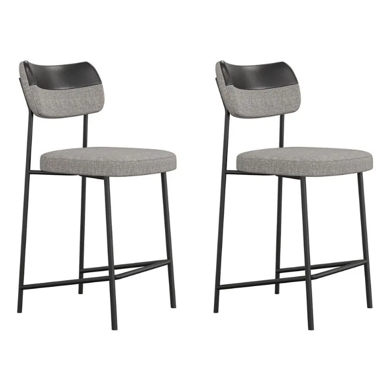 Kit 02 Banquetas Médias Cozinha Lila Com Encosto Couríssimo Preto Linho Cinza - Desk Design