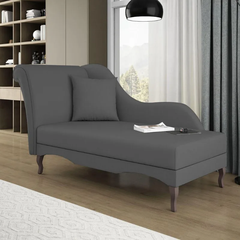 Divã Recamier Chaise Longue Valentina Clássico Com Pés De Madeira Bouclê Cinza Escuro - Desk Design