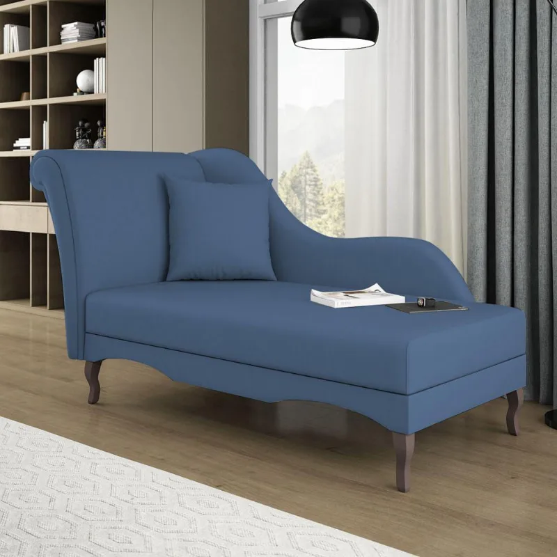 Divã Recamier Chaise Longue Valentina Clássico Com Pés De Madeira Linho Azul Denim - Desk Design