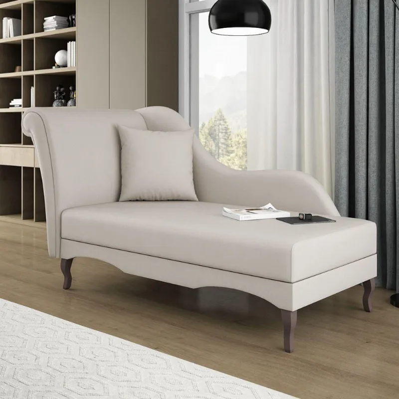 Divã Recamier Chaise Longue Valentina Clássico Com Pés De Madeira Veludo Bege Claro - Desk Design