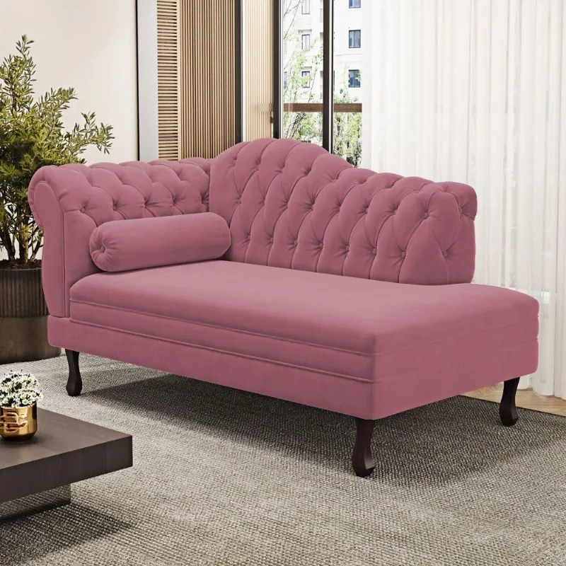 Divã Recamier Chaise Longue Lavínia 150cm Capitonê Pés De Madeira Suede Rosa - Desk Design