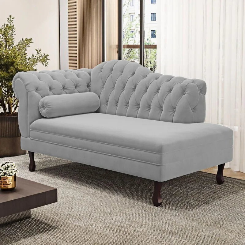 Divã Recamier Lavínia Clássico 120cm Capitonê Com Pés De Madeira Veludo Cinza Claro - Desk Design