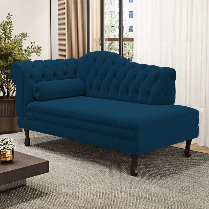 Divã Recamier Lavínia Clássico 120cm Capitonê Com Pés De Madeira Veludo Azul Marinho - Desk Design