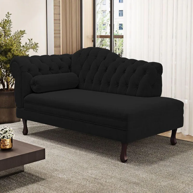 Divã Recamier Lavínia Clássico 120cm Capitonê Com Pés De Madeira Suede Preto - Desk Design