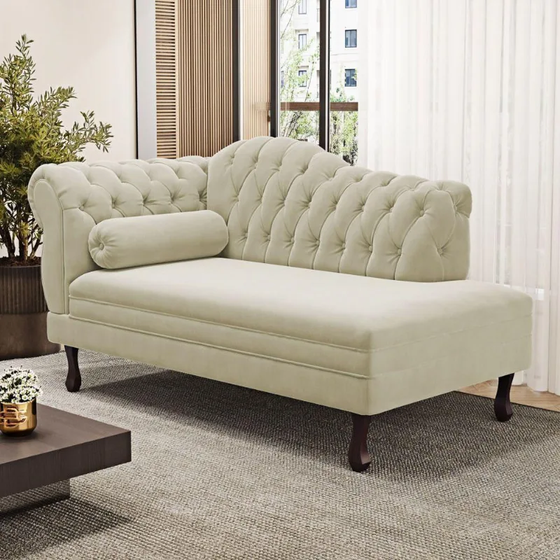 Divã Recamier Chaise Longue Lavínia 150cm Capitonê Pés De Madeira Courino Bege - Desk Design