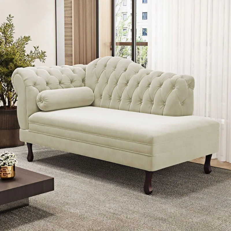 Divã Recamier Lavínia Clássico 120cm Capitonê Com Pés De Madeira Suede Bege Claro - Desk Design