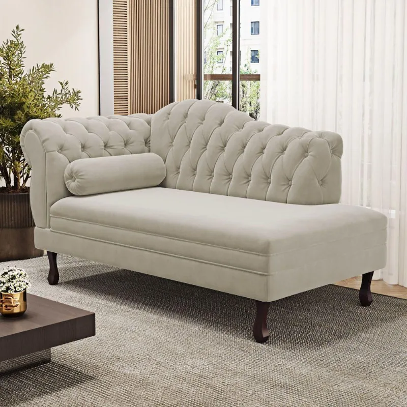 Divã Recamier Lavínia Clássico 120cm Capitonê Com Pés De Madeira Veludo Bege Claro - Desk Design