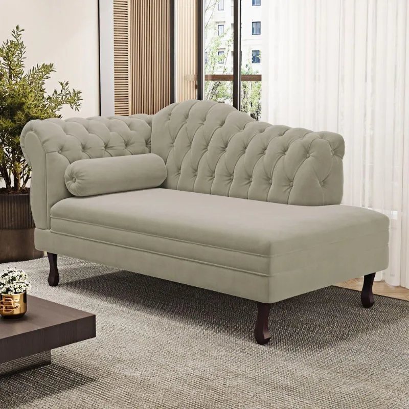 Divã Recamier Lavínia Clássico 120cm Capitonê Com Pés De Madeira Suede Bege - Desk Design