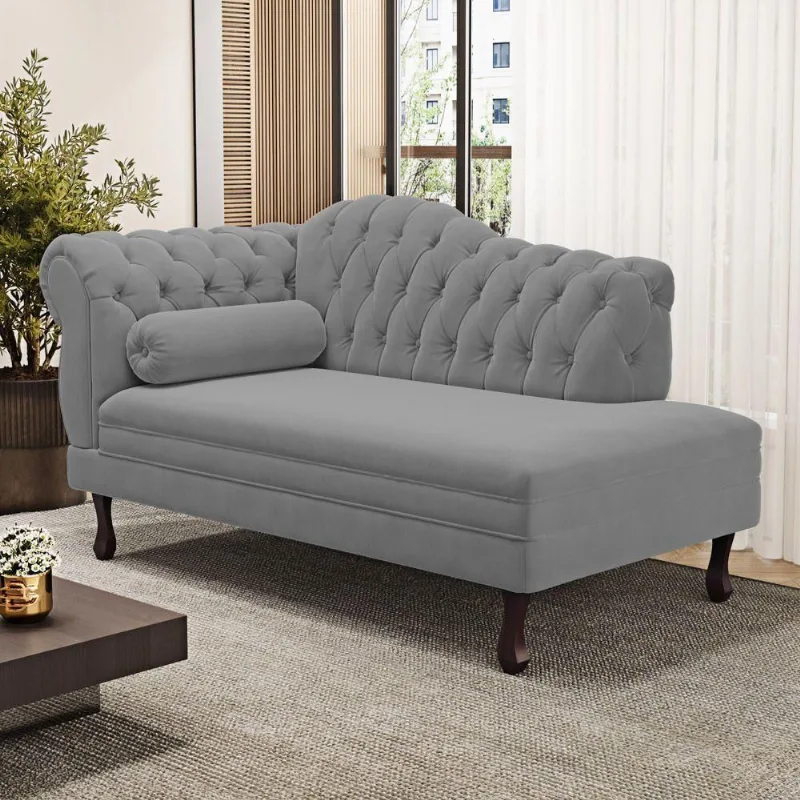 Divã Recamier Chaise Longue Lavínia 150cm Capitonê Pés De Madeira Suede Cinza - Desk Design