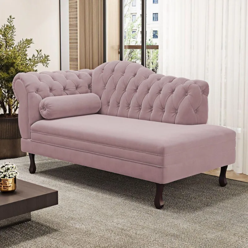 Divã Recamier Lavínia Clássico 120cm Capitonê Com Pés De Madeira Veludo Rosé - Desk Design