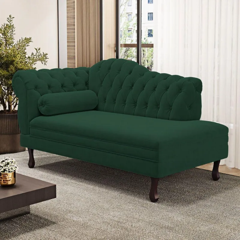 Divã Recamier Chaise Longue Lavínia 150cm Capitonê Pés De Madeira Veludo Verde Escuro - Desk Design
