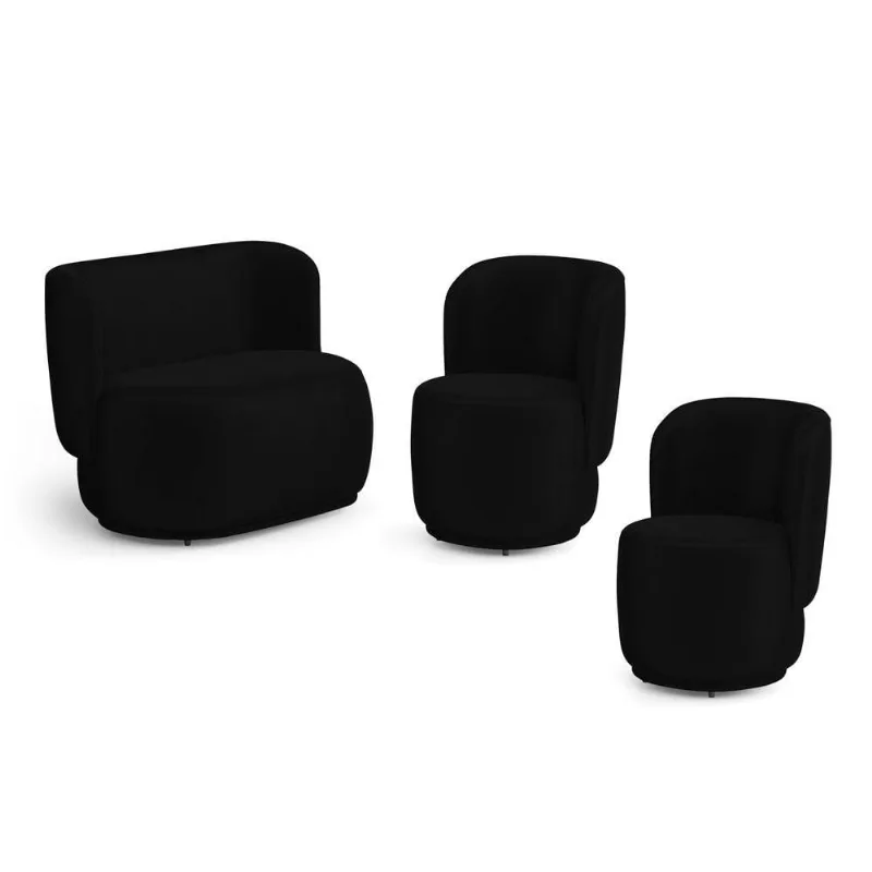 Kit 02 Poltronas E 01 Namoradeira Orgânica Molly Couríssimo Preto - Desk Design Cor Preto