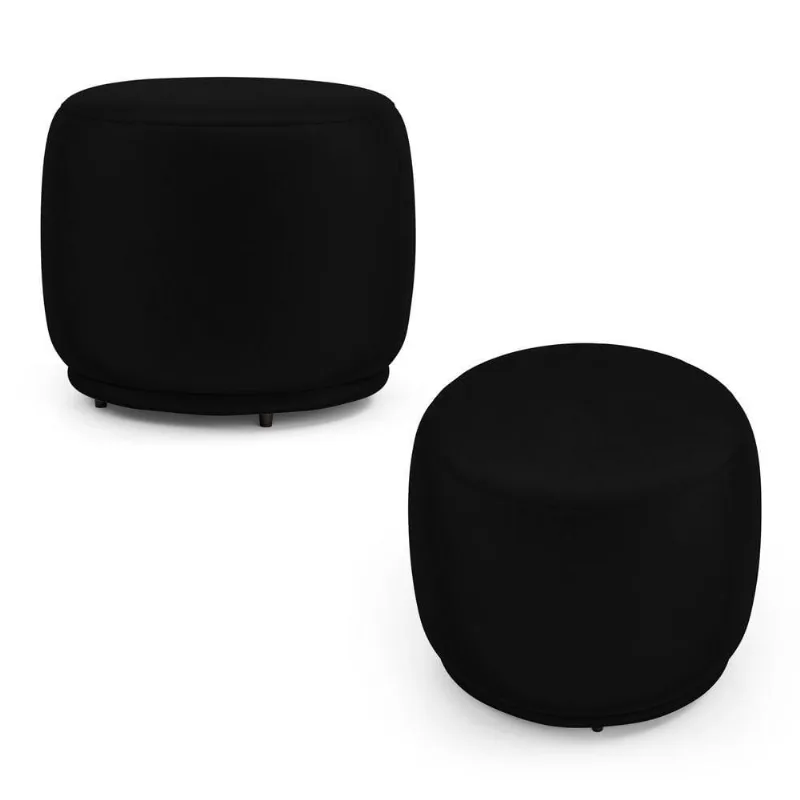 Kit 02 Puffs Decorativos Orgânicos Molly Redondo Couríssimo Preto - Desk Design Cor Preto