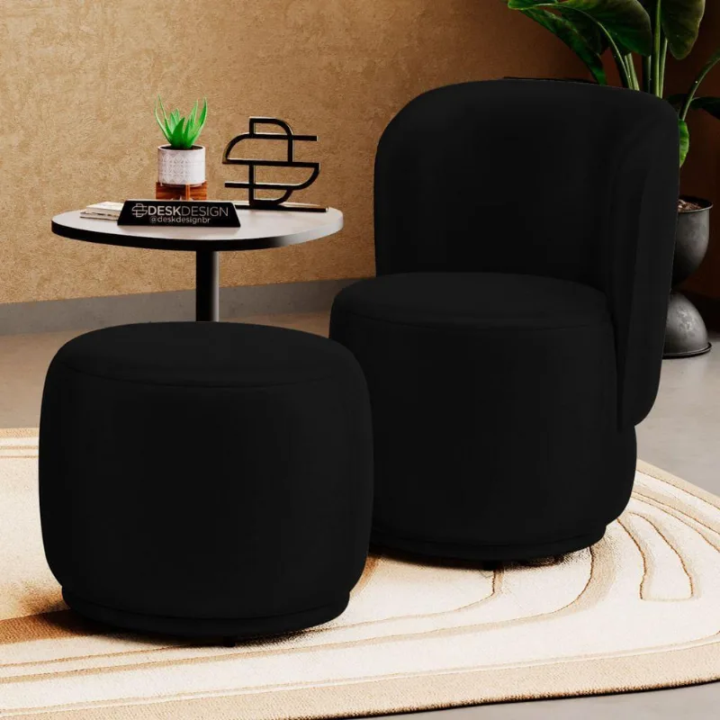 Poltrona Decorativa Com Puff Orgânico Molly Couríssimo Preto - Desk Design Cor Preto