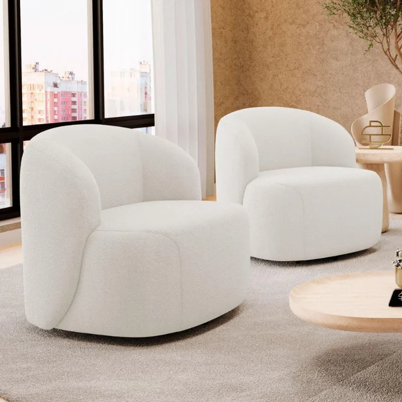 Kit 02 Poltronas Decorativas Orgânicas Living Leez Giratória Bouclê Off White - Desk Design