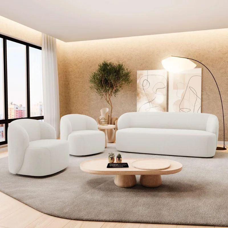 Kit 02 Poltronas Giratória E 01 Sofá Orgânico Leez 170cm 02 Lugares Bouclê Off White - Desk Design