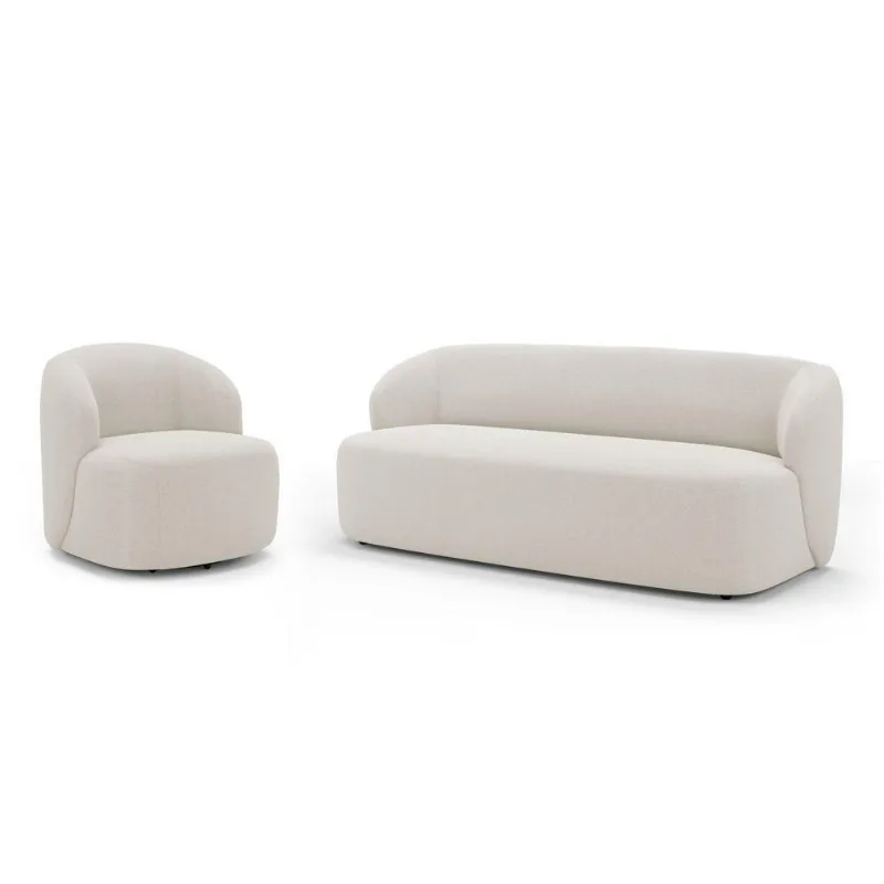 Poltrona Giratória E Sofá Orgânico Living Leez 170cm 02 Lugares Bouclê Off White - Desk Design