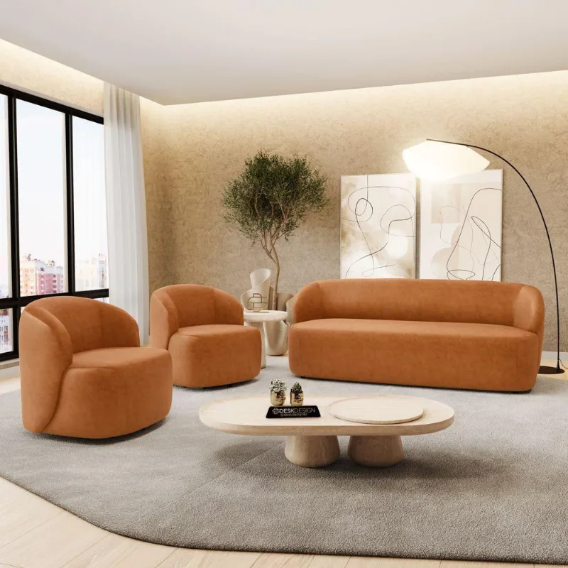 Kit 02 Poltronas Giratória E 01 Sofá Orgânico Leez 170cm 02 Lugares Couríssimo Caramelo Desk Design