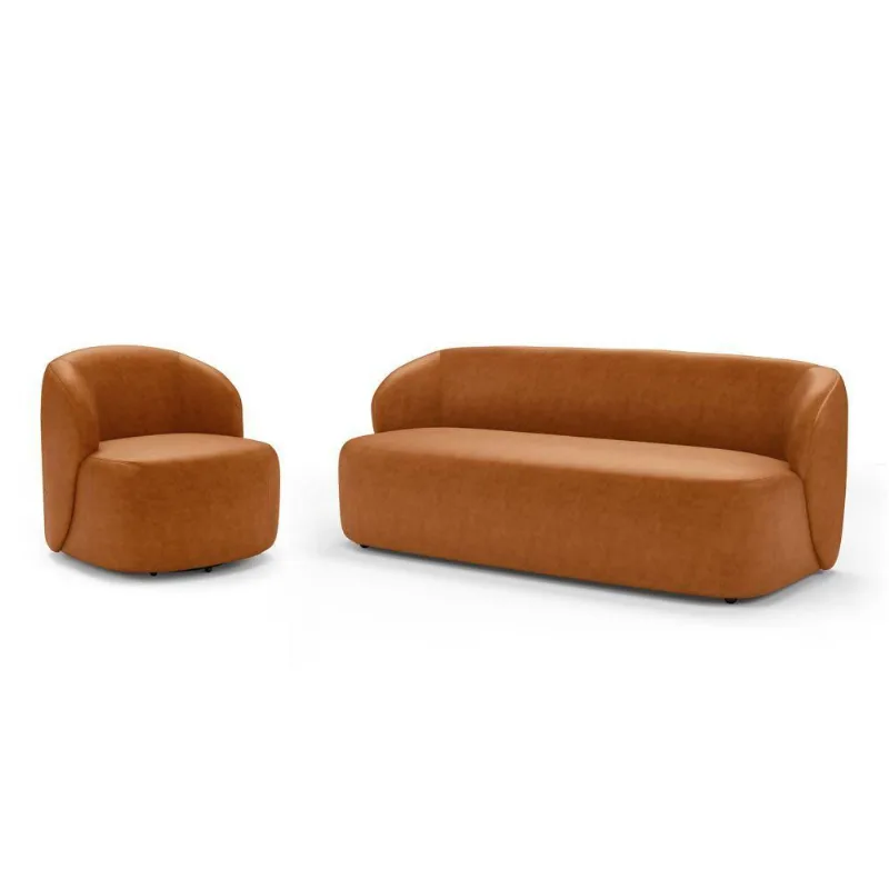 Poltrona Giratória E Sofá Orgânico Living Leez 170cm 02 Lugares Couríssimo Caramelo - Desk Design