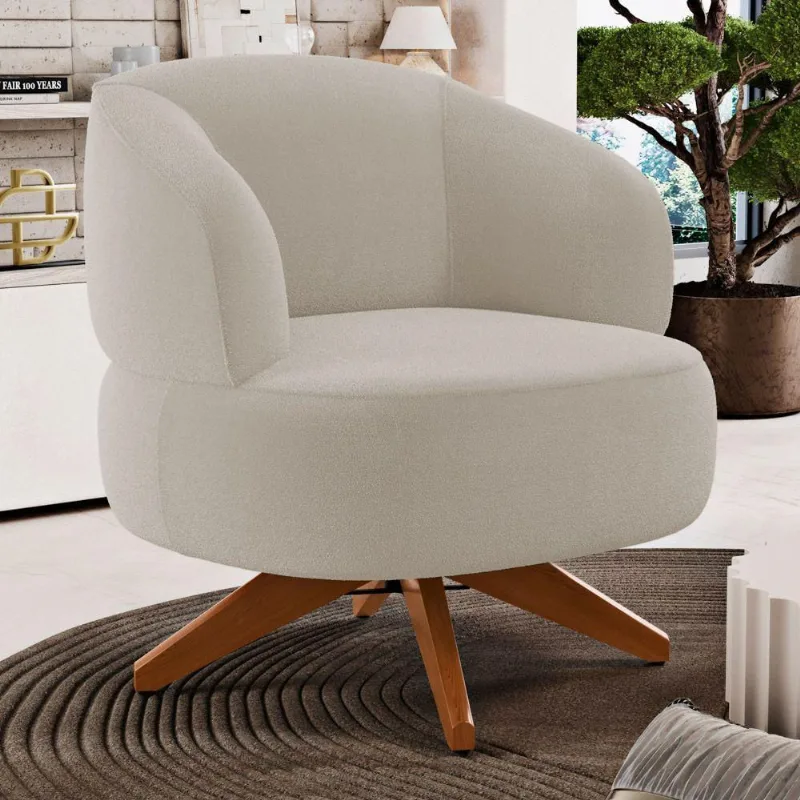 Poltrona Decorativa Orgânica Living Have Base Madeira Giratória Bouclê Bege - Desk Design