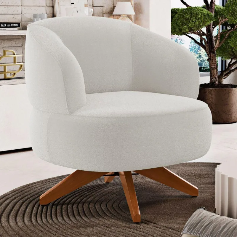 Poltrona Decorativa Orgânica Living Have Base Madeira Giratória Bouclê Off White - Desk Design