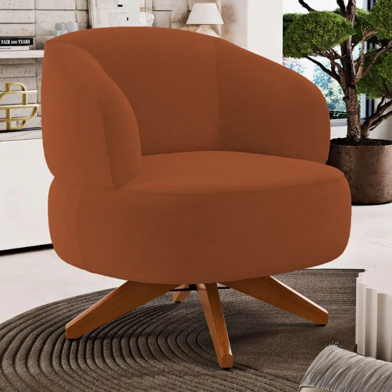 Poltrona Decorativa Orgânica Living Have Base Madeira Giratória Bouclê Terracota - Desk Design