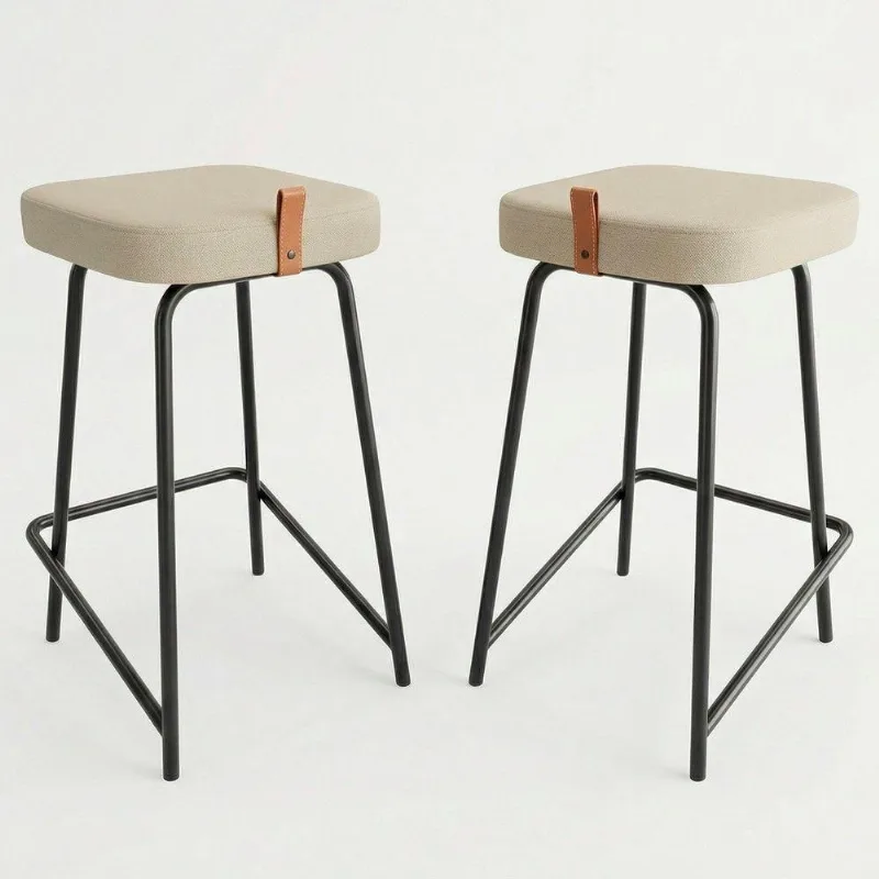 Kit 02 Banquetas Médias Para Cozinha Vik Estofada Linho Bege - Desk Design
