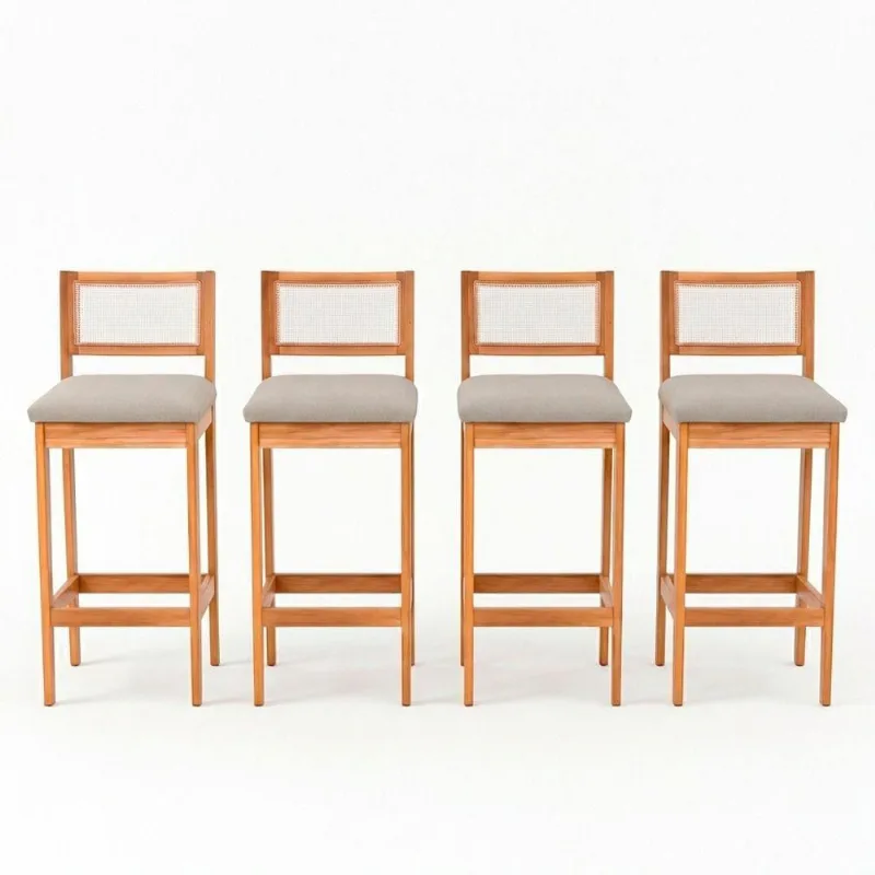 Kit 04 Banquetas Altas Brunella 99cm Com Encosto Telinha Estilo Palha Linho Cru - Desk Design