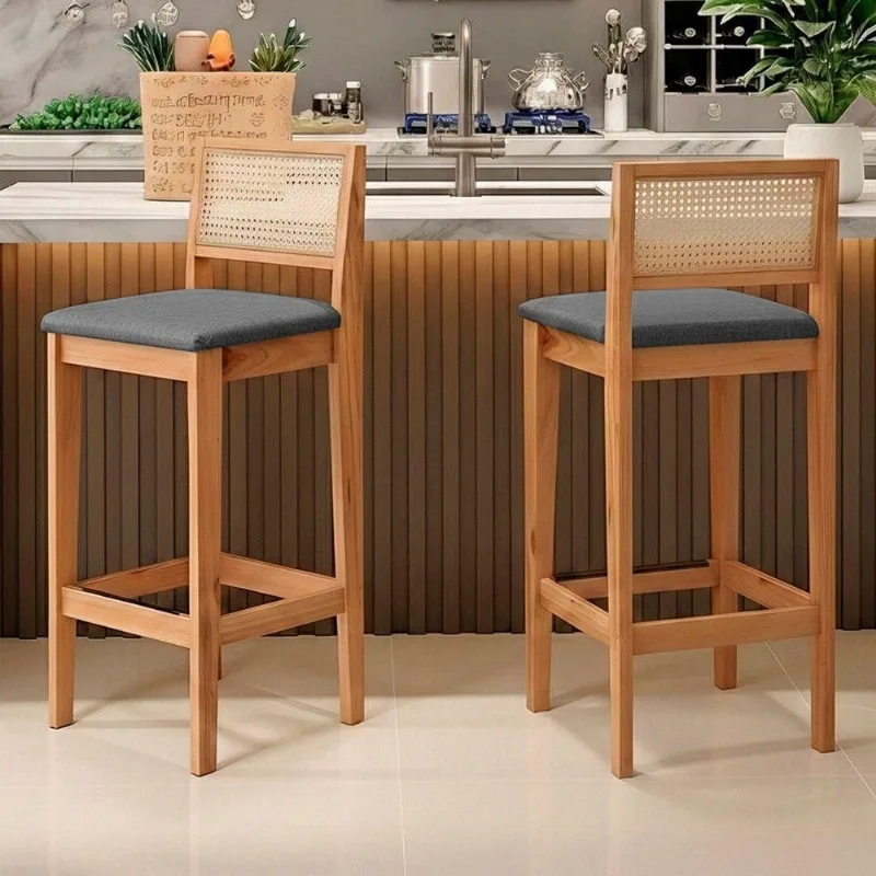 Kit 02 Banquetas Altas Brunella Linho com Encosto Telinha Palha 99cm Cinza Desk Design