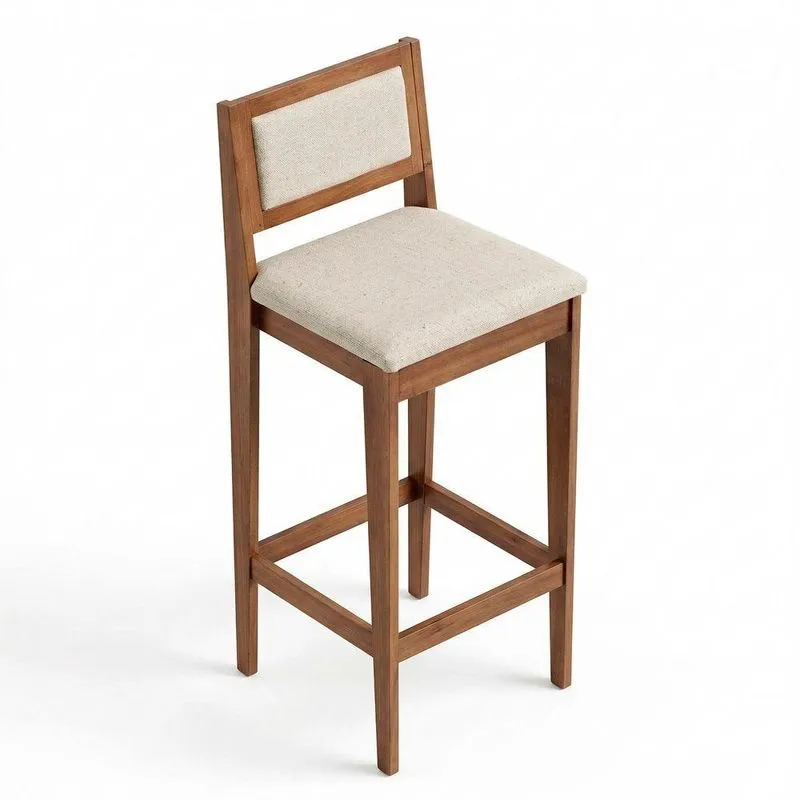 Banqueta Alta Lenna Linho Base Madeira Com Encosto 99cm Amadeirado Abmaza