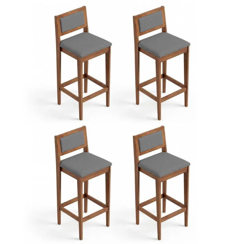 Kit 04 Banquetas Altas Lenna Madeira Maciça Estofado Linho Cinza Abmaza