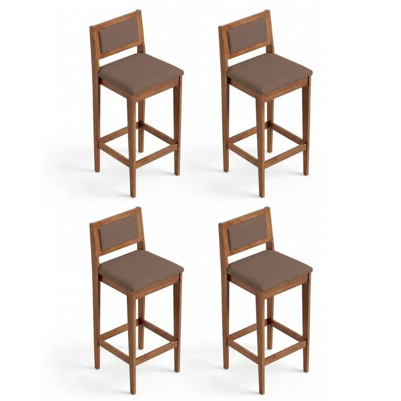 Kit 04 Banquetas Altas Lenna Madeira Maciça Linho Marrom Abmaza