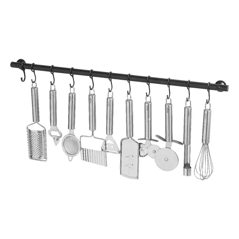 Suporte De Cozinha Porta Talheres 40cm c/ 6 Ganchos Preto