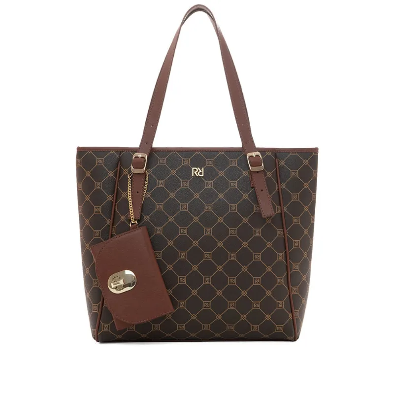 Bolsa Feminina Rafitthy Tote Grande Monograma com Porta Documentos Marrom - U