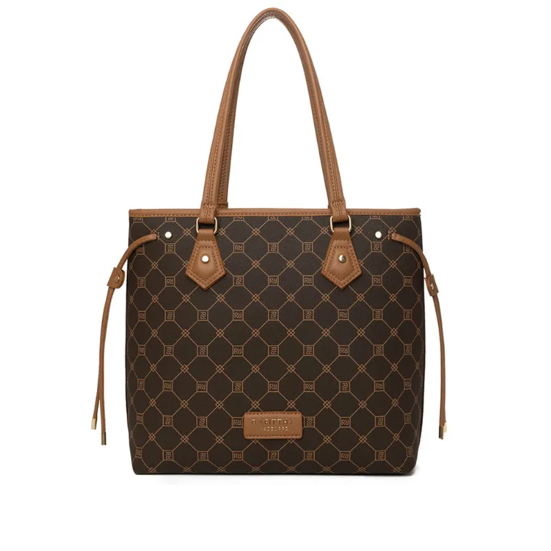 Bolsa Feminina Rafitthy Tote Grande Tiras Monograma Marrom/Caramelo - U