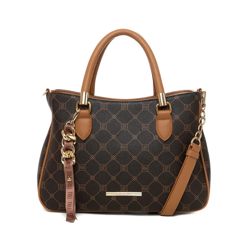 Bolsa Feminina Rafitthy Transversal Média Monograma com Chaveiro Marrom/Caramelo - U