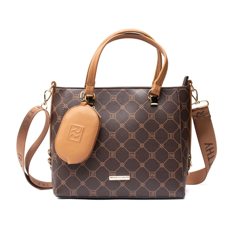 Bolsa Feminina Rafitthy Transversal Monograma com Porta Moedas Média Marrom/Caramelo - U