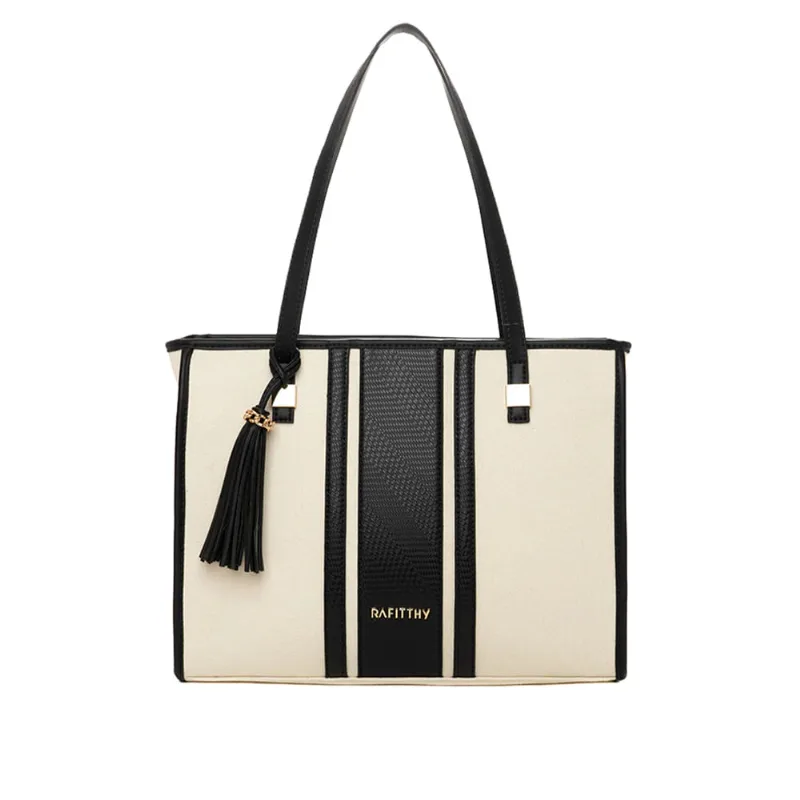 Bolsa Feminina Rafitthy Tiracolo Algodão Cru com Adereço em Tiras Grande Off White/Preta - U