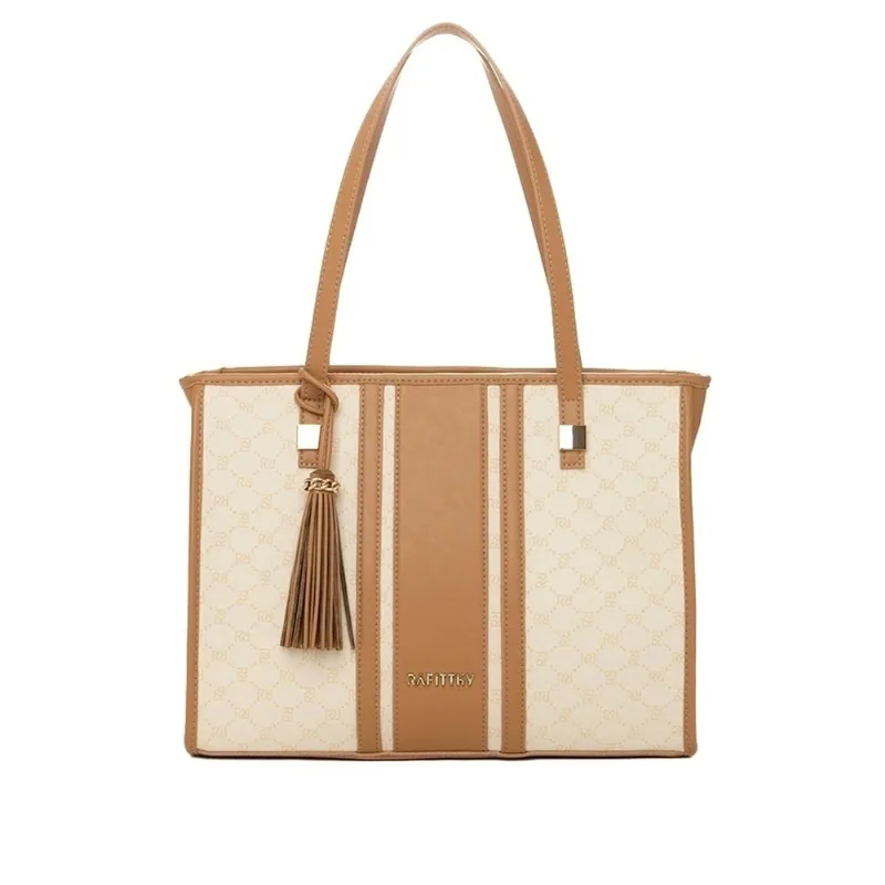 Bolsa Feminina Rafitthy Tiracolo Monograma com Adereço em Tiras Grande Caramelo/Off White - U
