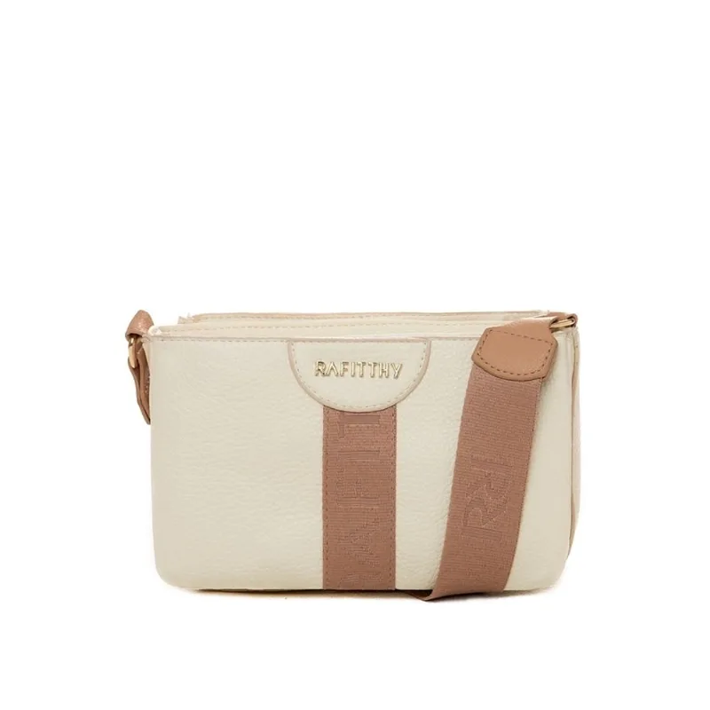 Bolsa Feminina Rafitthy Transversal com Três Repartições e Logo Pequena Off White/Caramelo - U