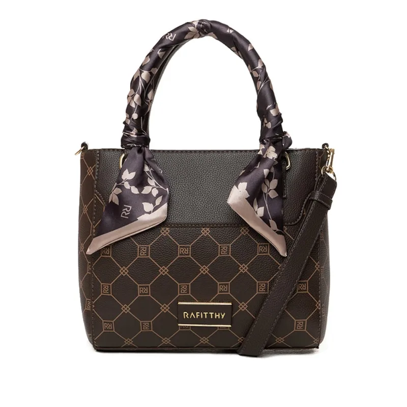 Bolsa Feminina Rafitthy Tote Monograma com Detalhe de Lenço Marrom - U